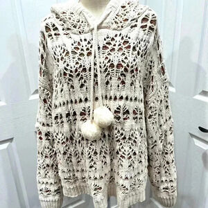 POL HOODED Distressed peek a boo sweater with rainbow colored sweater beneath